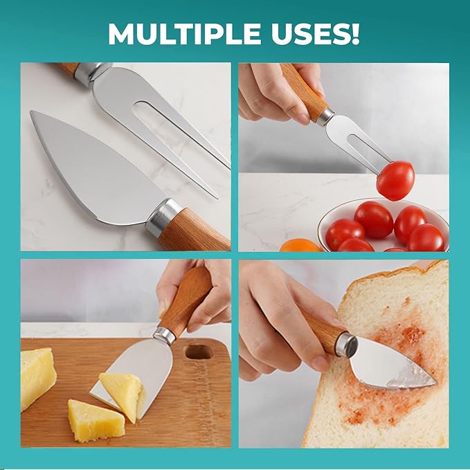 YUANQIAN Cheese Knife Set with Acacia Wood Handles - Cheese Knife, Spreader, Fork, Slicer - Mini Stainless Steel Cheese Tools for Charcuterie Boards (6Pcs/Set, S)