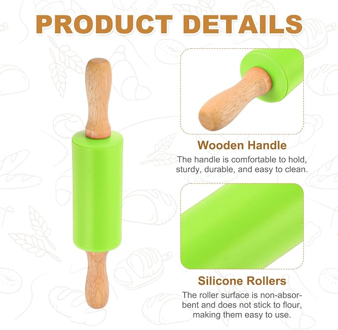 uxcell Rolling Pins for Baking, 9 Inch Silicone Non-Stick Rolling Pin Baking Roller Wooden Handle for Home Kitchen Dough Cookies Pastry, Green