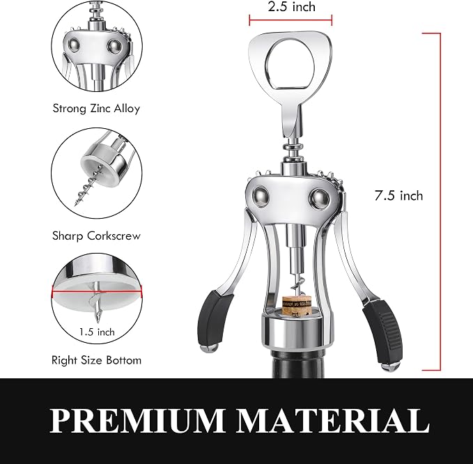 KORCCI Wine Opener, Heavy-Duty Zinc Alloy Wing Corkscrew, Premium Beer Bottle Opener, Multifunctional Wine Accessories with Ergonomic Handle and Sharp Screw, for Kitchen, Bar, Restaurant (BOX)