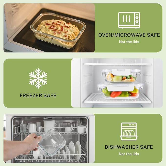 HOMBERKING 8 Pack Glass Food Storage Containers with Lids, Meal Prep Containers, Airtight Bento Boxes with Leak Proof Locking for Microwave, Oven, Freezer and Dishwasher, BPA Free, 5-35oz, white