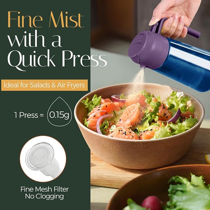 YARRAMATE 16oz/470ml Light-Blocking Dark Oil Sprayer for Cooking (Purple) | 2 in 1 Olive Oil Dispenser Bottle for Kitchen, Premium Blue Glass Oil Bottle, Food-Grade Oil Mister for Air Fryer, BBQ