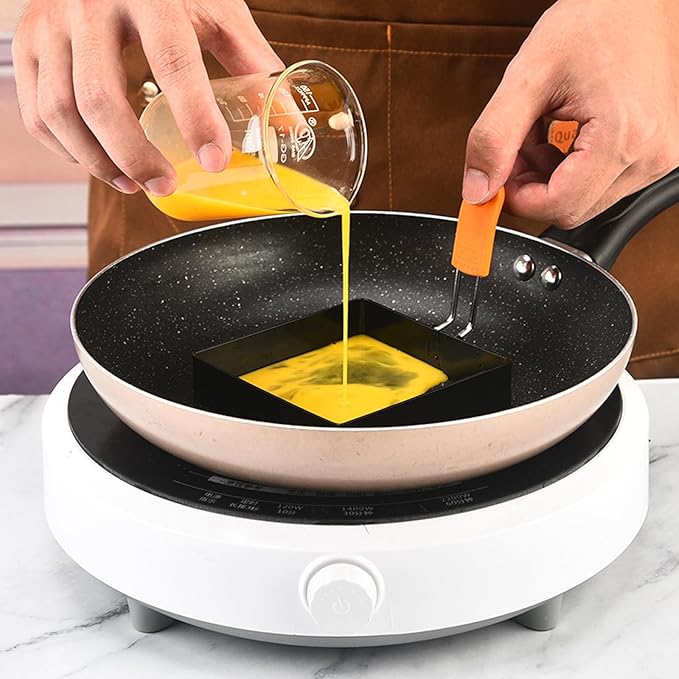 4 Pack Stainless Steel Square Egg Mold & Round Omelet Ring - 4 Inch Large, Non-stick, Silicone Insulated Handle, Includes Oil Brush & Egg Separator