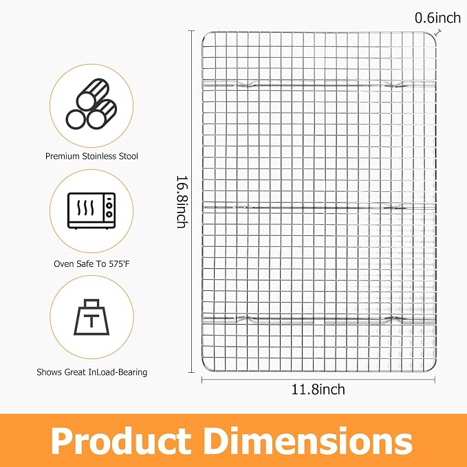 2-Pack Cooling Rack - 11.5"x16.5" Stainless Steel Baking Racks, Oven/Dishwasher Safe - Perfect for Cookies, Roasting, Grilling - Fits Half Sheet & Jelly Roll Pans