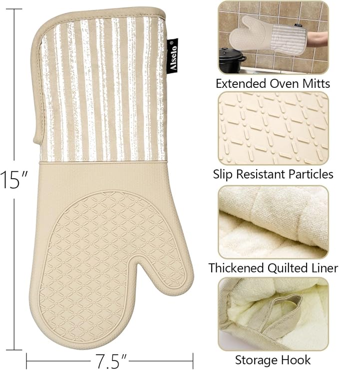 Alselo Silicone Oven Mitts Heat Resistant 932℉ with Waterproof & Non-Slip Kitchen Mittens, Set of 2 Extra Long Oven Gloves with Soft Cotton Terry Lining for Baking Cooking Barbecue (Khaki, 2)