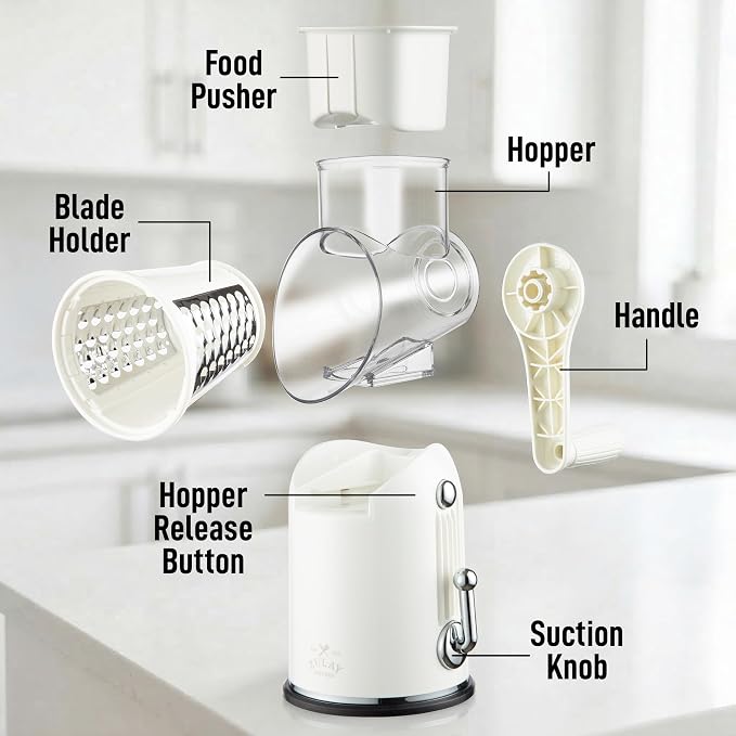 Zulay Kitchen Rotary Cheese Grater 5 Blade Cheese Shredder - Manual Hand Crank Cheese Grater With Reinforced Suction & 5 Interchangeable Drums - Easy to Use, Vegetable Chopper Round Mandoline Slicer