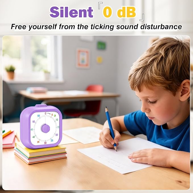 Mwellewm Visual Timer for Kids, 60 Minute Time Digital Pomodoro Timer Countdown with Silent Pause Function for Classroom Kitchen Study Cooking Meetings ADHD Rainbow Pattern(Square Purple)