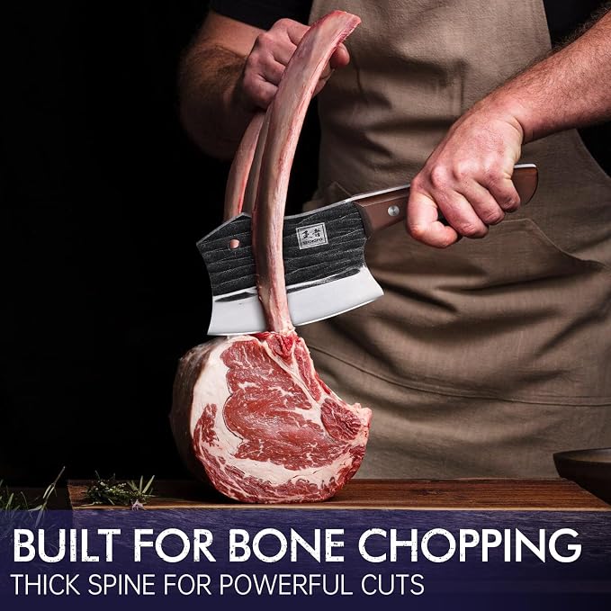 ENOKING 5.7" Bone Cleaver Knife, Heavy-Duty Butcher Knife with Full Tang Hand-Forged Blade, Meat & Bone Chopper with Leather Sheath for Kitchen