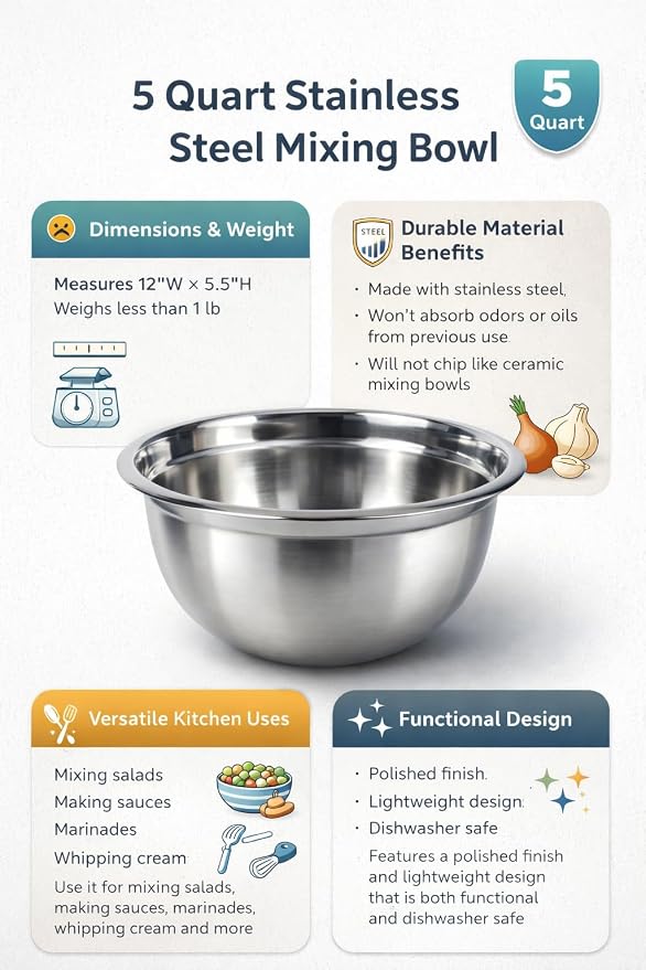 Euro-Ware Mixing Bowl, 5 quart, Stainless Steel