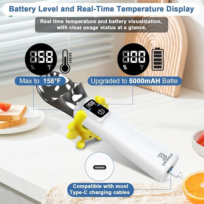 Rechargeable Heated Ice Cream Scoop, LED Display Real-Time Temperature & Battery, 5000mAh Electric Ice Cream Scoop, 158°F Fast Heating IP67 Waterproof with Bee Bracket, Ideal for Hard Frozen Desserts