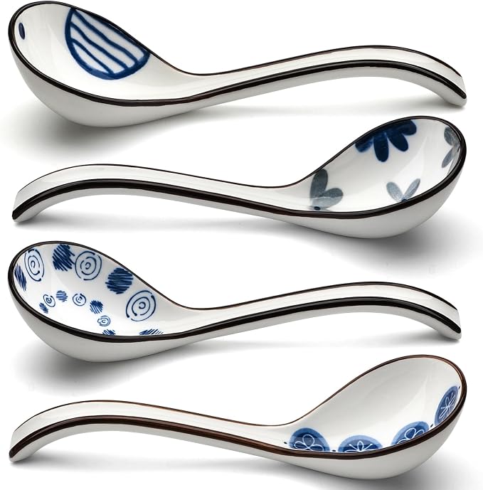 Ceramic Soup Spoons Set of 4 Porcelain Japanese Soup Spoon Long Handle Asian Soup Spoon Sets for Pho Ramen Noodles Wonton Dumpling Rice (Model 6#)