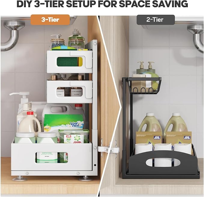 1 Pack Under Sink Organizer,Pull Out Cabinet Organizer With Smooth Cylindrical Rail,Metal Slide Out Drawer for Kitchen Bathroom Laundry Cabinet,8-Level Tool Free Height Adjustable-White