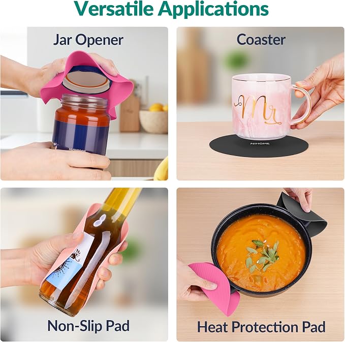 NiHome Silicone Jar Opener Gripper Pads, 6 in for Seniors, Pink Series, 4PC | Textured Back Pattern For Superior Grip, Food-Grade Silicone, Heat-Resistant Multi-Use Kitchen Pad For Jars, Pots, Spoons