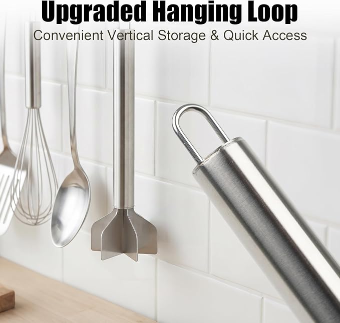 Stainless Steel Meat Masher, 6-Blade Ground Beef Chopper Tool with Hanging Loop for Hamburger, Potato,Vegetable Puree