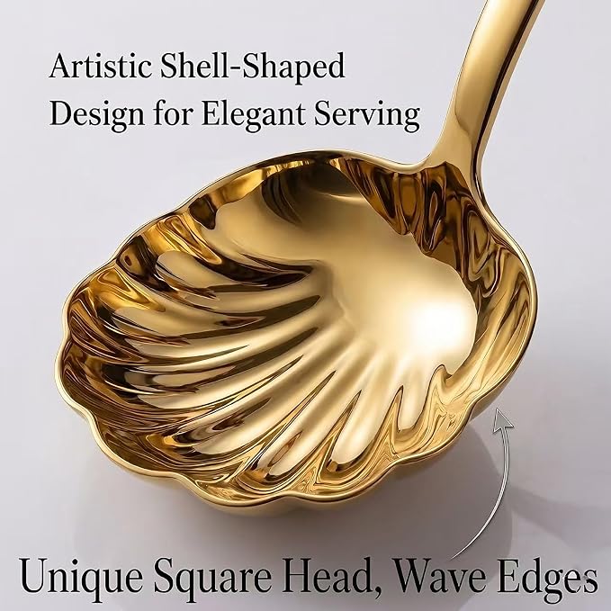 Gold Soup Ladle Set of 2, Premium 18/10 Stainless Steel Sauce Ladle with Artistic Shell-Shaped Design, 9-Inch Small Ladle for Serving Soup, Gravy and Sauce, Mirror Polished, Dishwasher Safe
