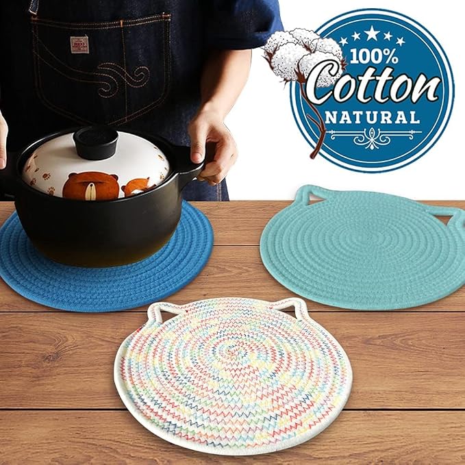 12" Pure Cotton Trivets Set with 0.35" Thick (3 Pcs, Blue) | Tightly Woven, Machine Washable, Heat Resistant, Large, Cute Cat Kitchen Accessories for Hot Dishes Pots Pans, Decor, Gift