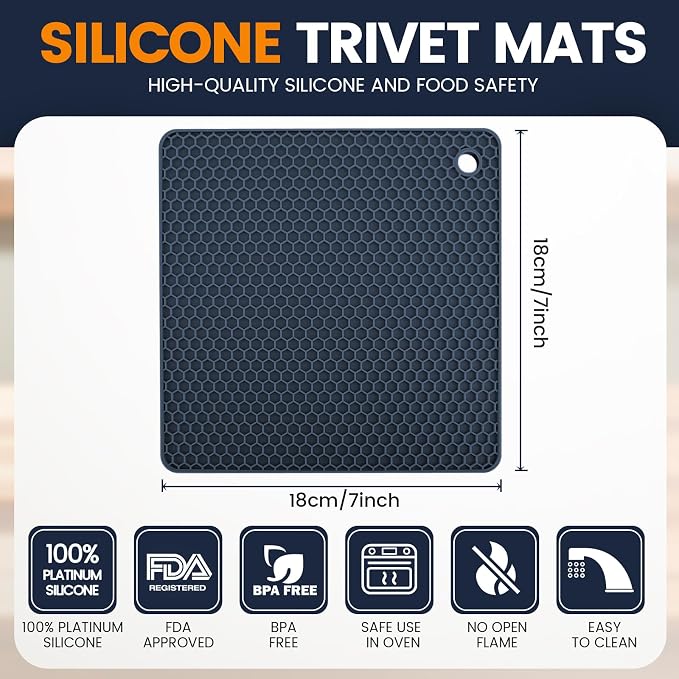 Silicone Trivet Mats 4 Heat Resistant Pot Holders Multipurpose Non-Slip Hot Pads for Kitchen Potholders, Drying mat, Jar Opener, Spoon Holder, Coaster.(Black Hidden Blue)