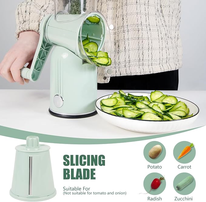Rotary Cheese Grater with Handle: 5-in-1 Cheese Grater Hand Crank, Strong Suction Base for Fruit Vegetables Nuts with Blade Storage Box (Green)