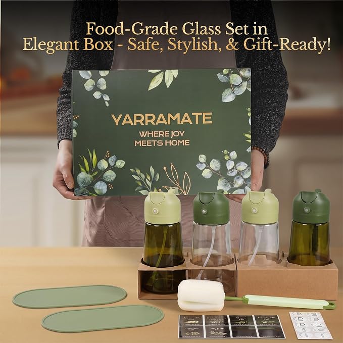 YARRAMATE 4 Pack Olive Oil Sprayer for Cooking, 16oz Glass Oil Dispenser Bottle Set with UV-Protected Dark Glass, 2 in 1 Oil Mister for Air Fryer, Aesthetic Kitchen Gadgets & Gift Set