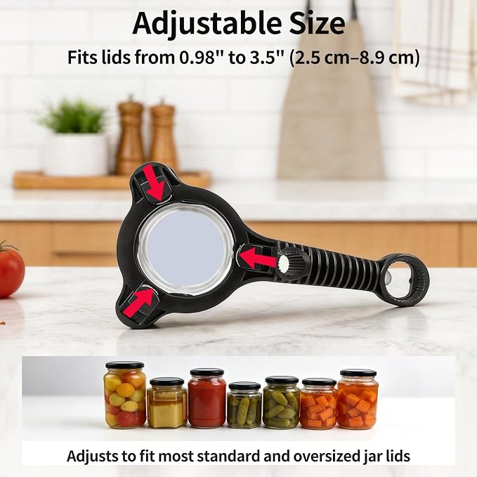 Jar Opener for Weak Hands, Seniors with Arthritis, 4-in-1 Multi-Purpose Lid Opener Includes Magnetic Hook & Rubber Gripper for Jars, Bottles and Beer Caps (Black)