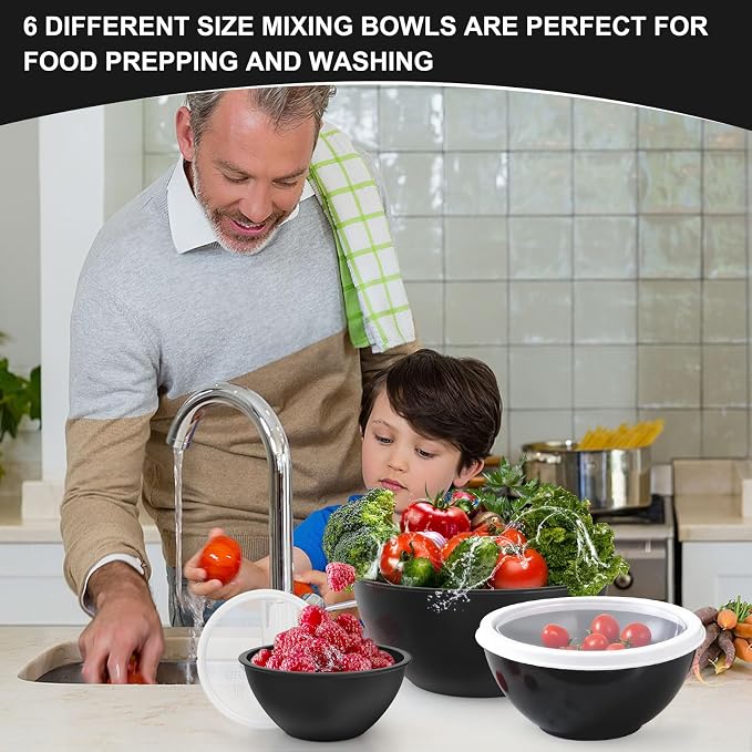 Greentainer Plastic Mixing Bowls with Lids Set for Kitchen, 6 Set Nesting Bowls for Mixing, Baking, Prepping, Cooking and Serving Food, Mixing Bowls Dishwasher, Microwave Safe
