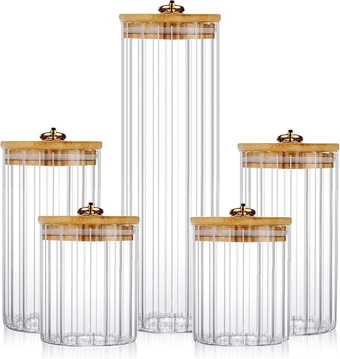 Glass Storage Jars Set of 5, Coffee Bar Canister with Airtight Bamboo Lid | Metal Ring, Ribbed Borosilicate Glass Container, Home Kitchen Pantry Storing Coffee, Candy, Sugar, Tea, Nuts, Oatmeal, Pasta