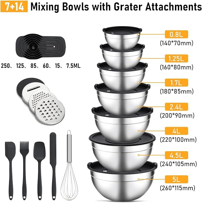 Unokit Mixing Bowls with Lids Set - 16 Pcs Stainless Steel Nesting Mixing Bowls with Grater Attachments, Mixing Bowl Set for Multi Mixing & Serving