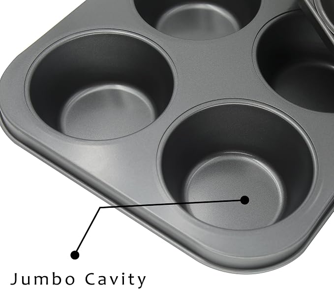 Non-Stick Black Jumbo Muffin Pans, 6-Cup Set of 2 | Carbon Steel, Spatula Included for Extra-Large Muffins & Cupcakes