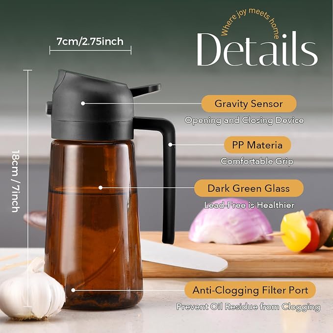YARRAMATE 16oz/470ml Light Blocking Oil Sprayer for Cooking (Black) | Food-Grade 2 in 1 Olive Oil Dispenser Bottle for Kitchen, Premium Dark Amber Glass Oil Bottle for Air Fryer, BBQ