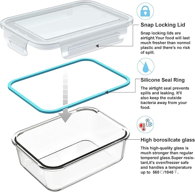 18 Piece Glass Food Storage Containers with Lids, Glass Meal Prep Containers, food storage Containers for Food Storage, BPA Free & Leak Proof (9 lids & 9 Containers)