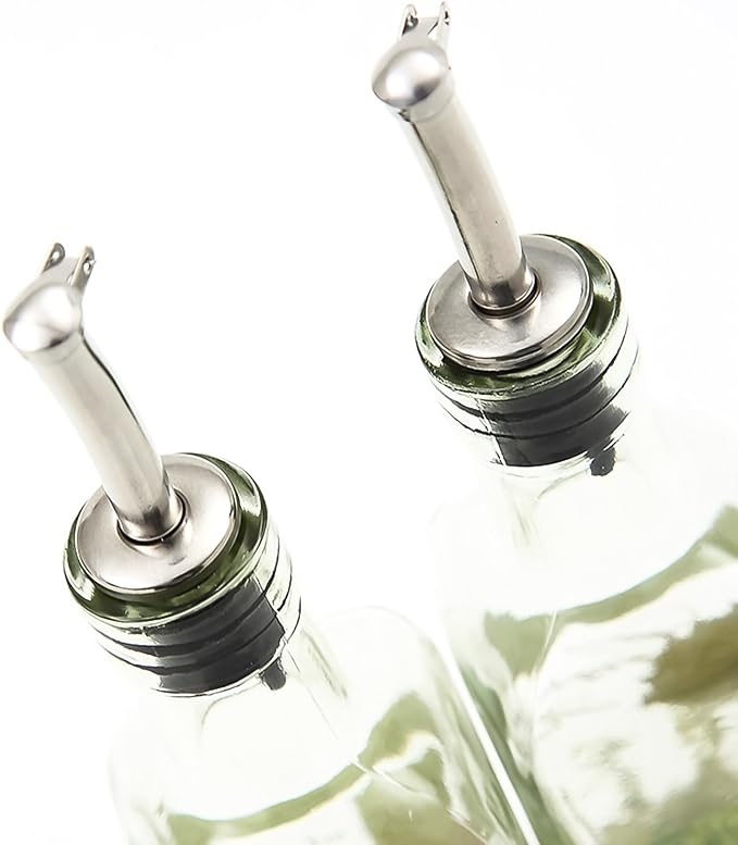 CEDAR HOME Olive Oil Bottle Set Glass Dispenser Vinegar Cruet 17oz. with Stainless Steel Leak Proof Pourer Spout for Cooking or Salad Dressing, 2 Pack, Green