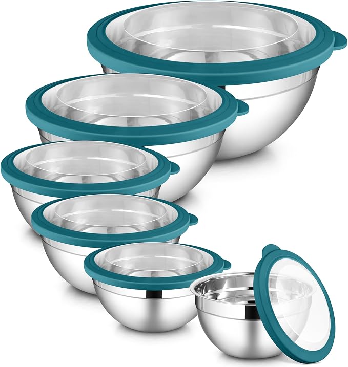 LIANYU 6 PCS Stainless Steel Mixing Bowls, Large 7, 3.5, 2.5, 2, 1.5, 1QT | Deep Metal Nesting Bowls, Kitchen Serving Bowls with Visible Lid, Ideal for Baking Cooking Prepping Food Storage, Dark Blue