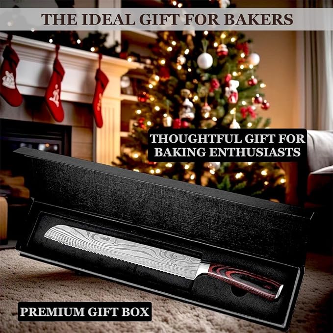 Premium 10-inch Serrated Bread Knife | Razor Sharp Cutter for Homemade Bread, Sourdough & Cake | Elegant Kitchen Essential for Effortless Slicing, Damascus Steel Lasered Pattern | Kitchen Gifts | Ultra-sharp serrated edge for sourdough, bagels, cakes. ...