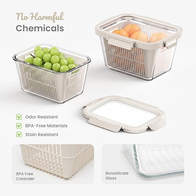 2 Pack Large Glass Produce Containers for Fridge with Colanders | 142oz Borosilicate Glass Produce Containers, Airtight Food Storage with 81 oz Glass Lid & 61 oz Silicone Lid, BPA Free