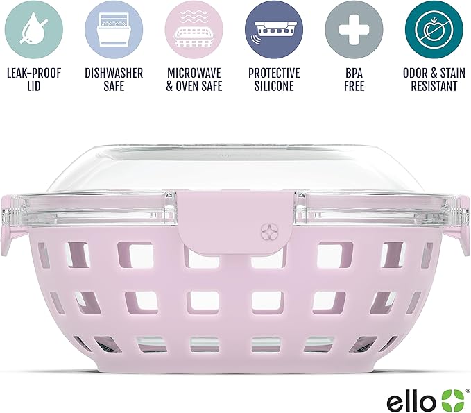 Ello DuraGlass Food Storage Glass Lunch Bowl Container - Meal Prep Container with Silicone Sleeve and Airtight Lid, 5 Cup, Cashmere Pink | Leakproof glass meal prep salad bowl. BPA-free lid, silicone sleeves, great for meal prepping, food storage, and ...