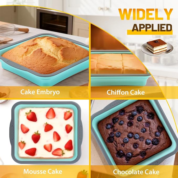 7x7 Silicone Square Cake Pan with Metal Reinforced Edge, Nonstick Brownie Baking Pan, BPA Free, Oven Safe Flexible Silicone Mold, Suitable for Making Cakes, Brownies, Bread, Pie, Lasagna