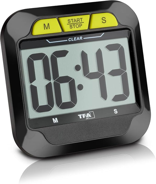 TFA Dostmann Digital Kitchen Timer with Stopwatch, 38.2054, Loud Alarm, Large Display, Magnet & Stand, Timepiece for Cooking, Learning, Fitness, Black/Green