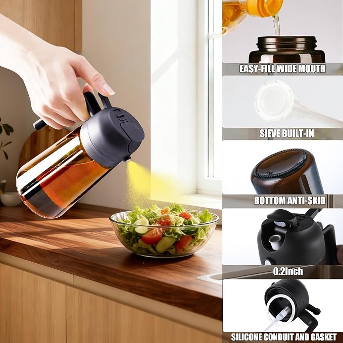 OURCABECUE 2 in 1 Olive Oil Sprayer for Cooking, 16oz/470ml Glass Olive Oil Dispenser Bottle for Kitchen, Light-Blocking Dark Brown Oil Mister with 8 Oil Stickers (Black 2PC)