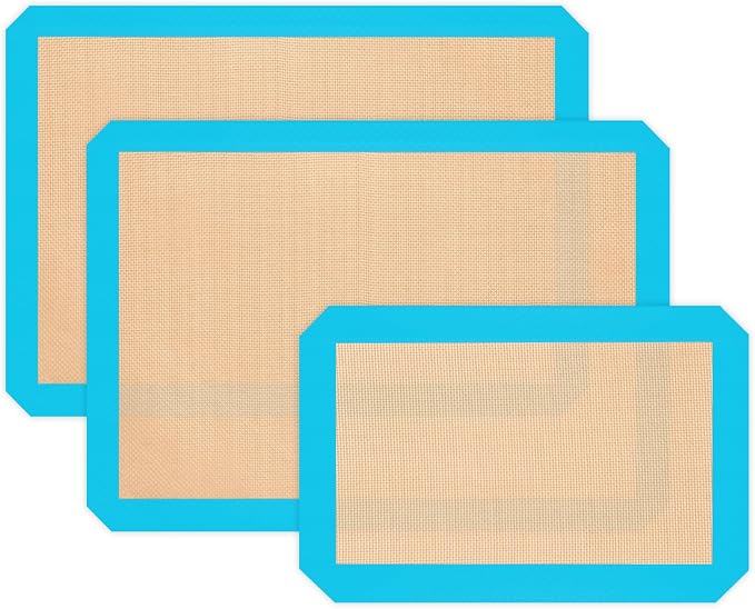 Silicone Baking Mat Set of 3, Non-Stick 2 Half & 1 Quarter Sheets | Dishwasher Safe, Reusable Baking Supplies for Cookies, Bread, Pastries & Dough, Mint Blue