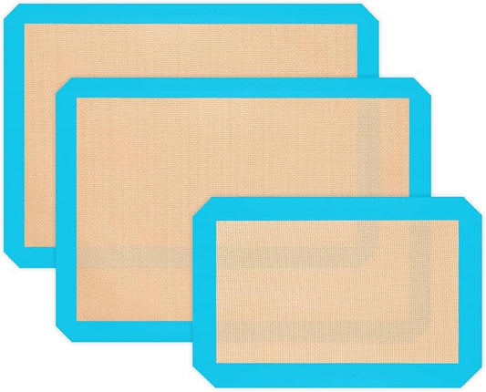 Silicone Baking Mat Set of 3, Non-Stick 2 Half & 1 Quarter Sheets | Dishwasher Safe, Reusable Baking Supplies for Cookies, Bread, Pastries & Dough, Mint Blue