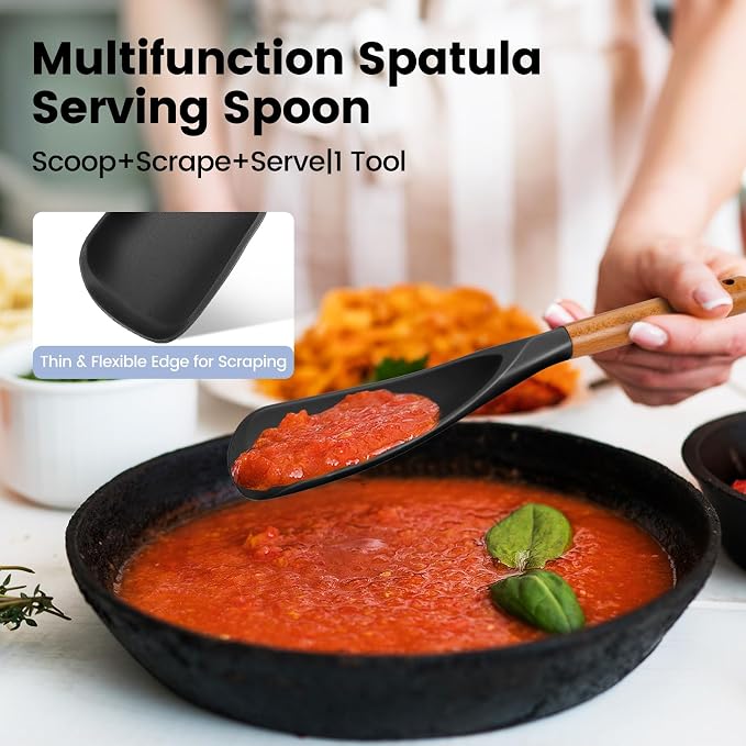 Large Silicone Cooking Spoons Set, 2 Pcs Heat Resistant Serving Spoon, Nonstick Multifunction Spatula Spoon, Kitchen Cucharras de Silicona Cocina for Mixing, Scooping, Scraping, Basting, Stiring