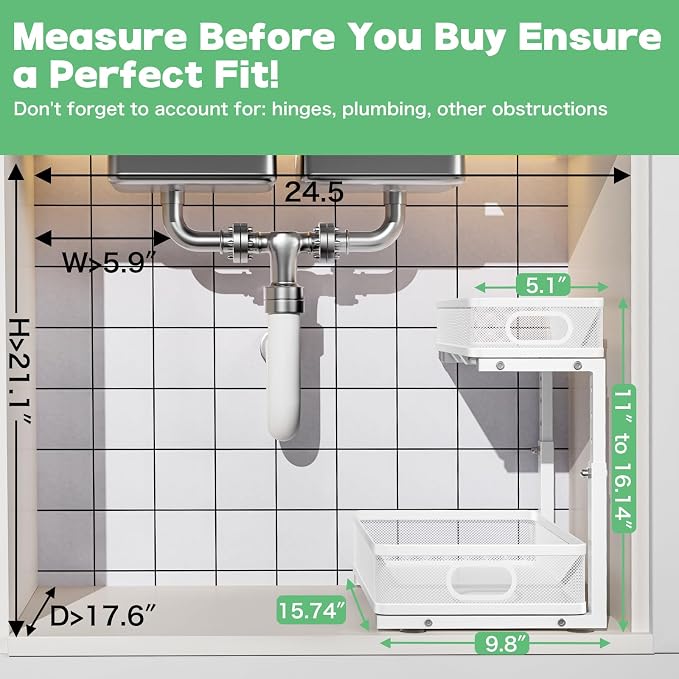 Under Sink Organizer, High Adjustable 2 Tier Under Sink Organizers and Storage, Slide out Metal Cabinet Organizers, Pull out Storage Drawer Shelf for Kitchen Bathroom Cabinet (White-1 pack)