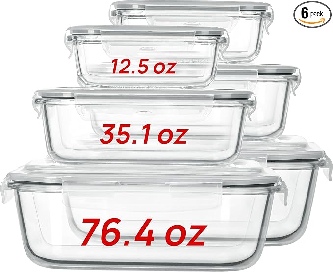 Vtopmart 2.26L/76oz Extra Large Glass Food Storage Containers with Lids, 6 pack Meal Prep Container Set, Airtight Lunch Boxes with Snap Locking Lids for Microwave, Oven, Freezer, Dishwasher | Meal Prep Container Set, Airtight Lunch Boxes with Snap Lock...
