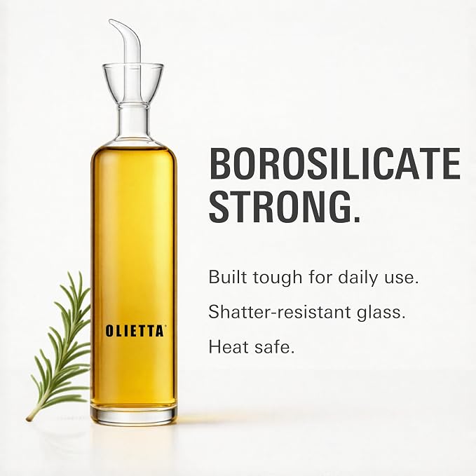Olive Oil Dispenser Bottle 8.5 fl oz - Borosilicate Glass Non-Drip Pourer | Olietta Ground-Glass Seal, Leakproof Airtight, Dishwasher Safe, Oil Bottle for Kitchen, Table, Vinegar Drizzler, Easy Clean