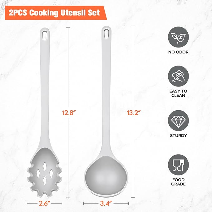 Silicone Spaghetti Spoon&Soup Ladle Cooking Utensils Set of 2,No Scratch for Nonstick Cookware,BPA Free, 450℉ Heat Resistant (GRAY)