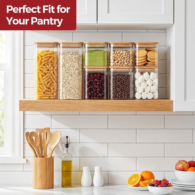 Glass Pantry Storage Containers with Lids 0.6/1.2/1.9 Qt 6 Pack | Pantry Organization, Square Stackable Design, Flour Sugar Coffee Beans Pasta Cereal Dry Food Storage,Kitchen Organizer