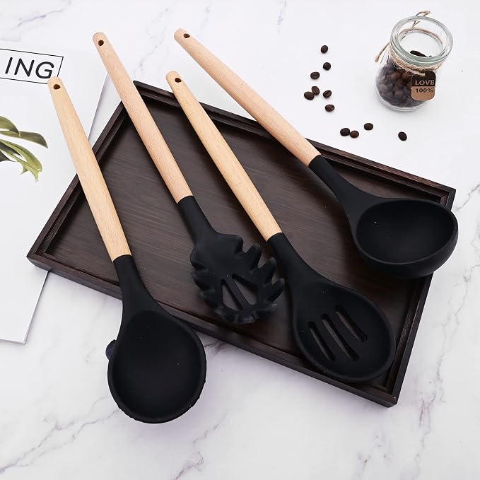 1pcs Black Solid Spoon, Silicone Nonstick Mixing Spoon, Silcone Serving Spoon for Cooking Baking Stirring Serving. Heat Resistant Cooking Utensils.