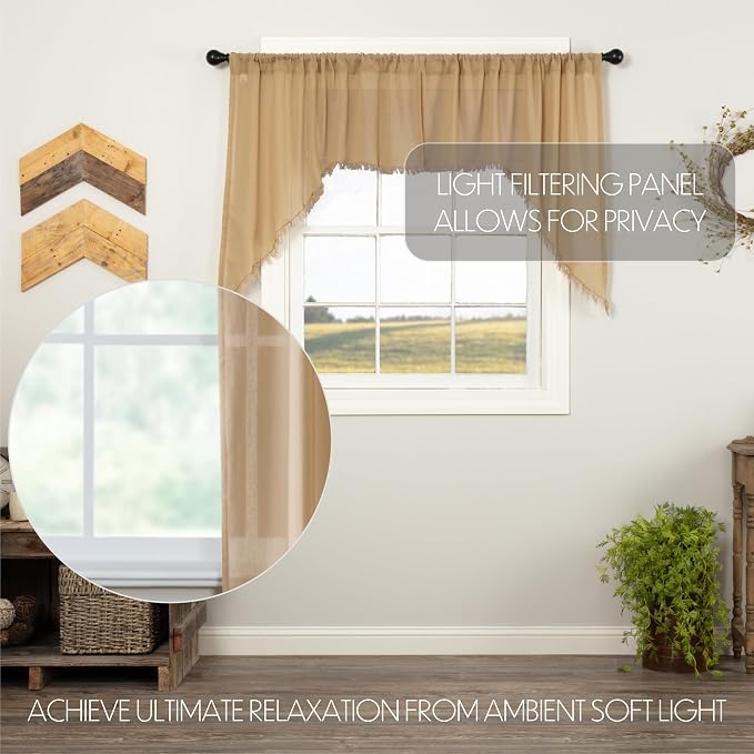 VHC Brands Tobacco Cloth Fringed Farmhouse Decor Kitchen Swag Prairie Panels Door Window Tier Set Curtains for Kitchen Bedroom Bathroom Living Room Dining (Khaki, Classic Swag Set)