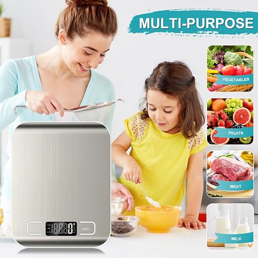Food Scale, 11lb Kitchen Scale with 6 Units Tare Function & LCD Display, 0.05oz/1g Stainless Steel Digital Food Scale Grams and Ounces for Baking, Cooking, Dieting and Meal Prep (Batteries Included) | 6 Conversion units,Automatic overload,Low battery w...