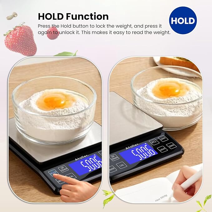 Rechargeable Digital Kitchen Scale, 0.1g Resolution Max 5kg 11Ibs | Food Scale with PCS Counting, Hold, Tare Functions, 6.3"x6.3" Large Stainless Steel Platform, for Cooking, Baking, Meal Prep