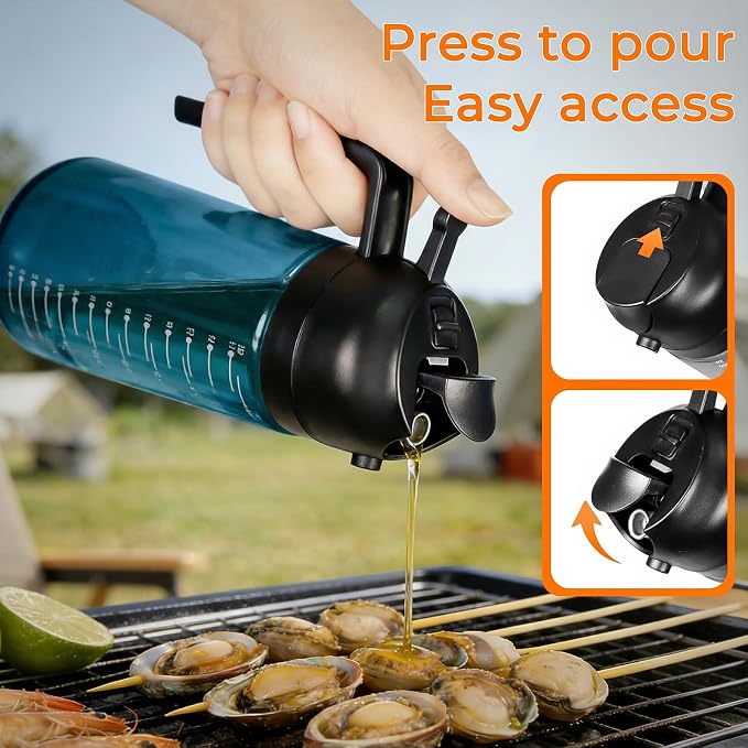 Glass Olive Oil Sprayer for Cooking (16oz/470ml), 2 in 1 Olive Oil Dispenser Bottle for Kitchen Gadgets and Air Fryer Accessories, Salad, BBQ (2-Pack, Blue Black)